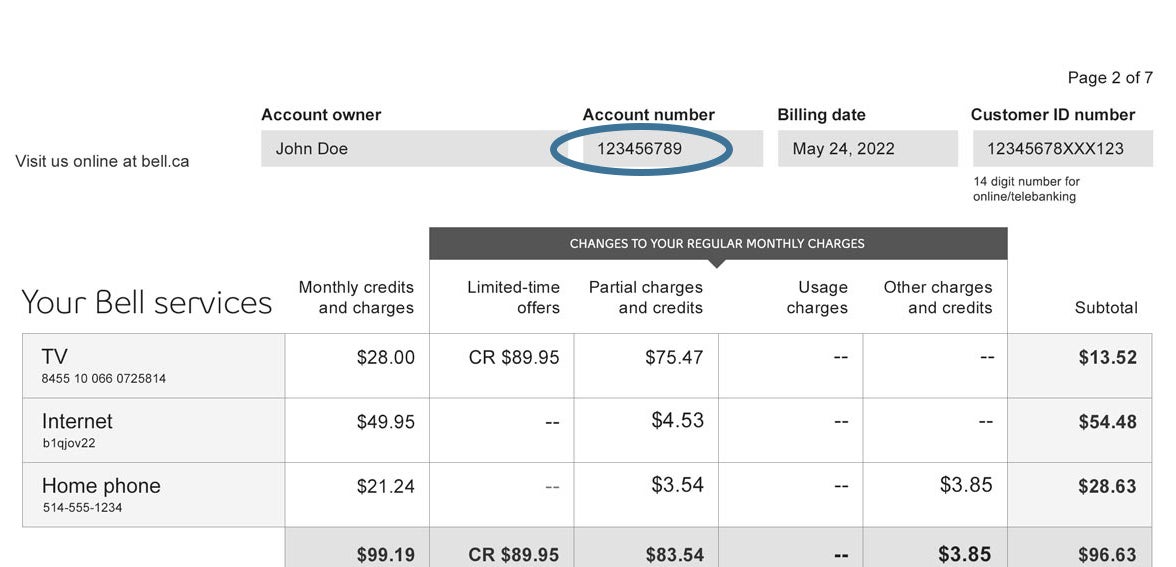 bell invoice showing account number highlighted