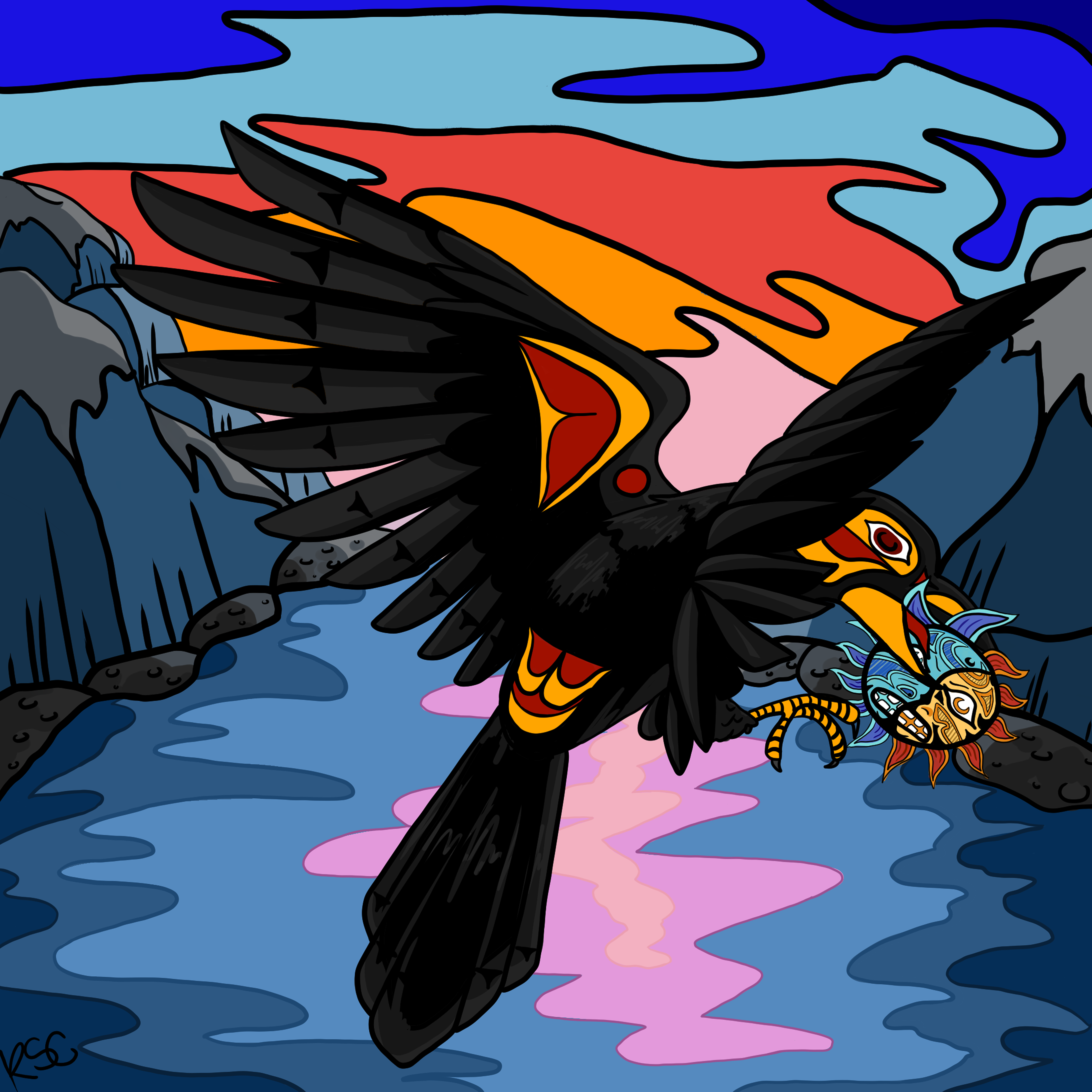 A digital painting showing a crow flying whilst holding a sun that has two sides. Above, the sky is a wash of blue and red colours. Below, a river seems to gently flow towards the sky. On the sides are canyons.