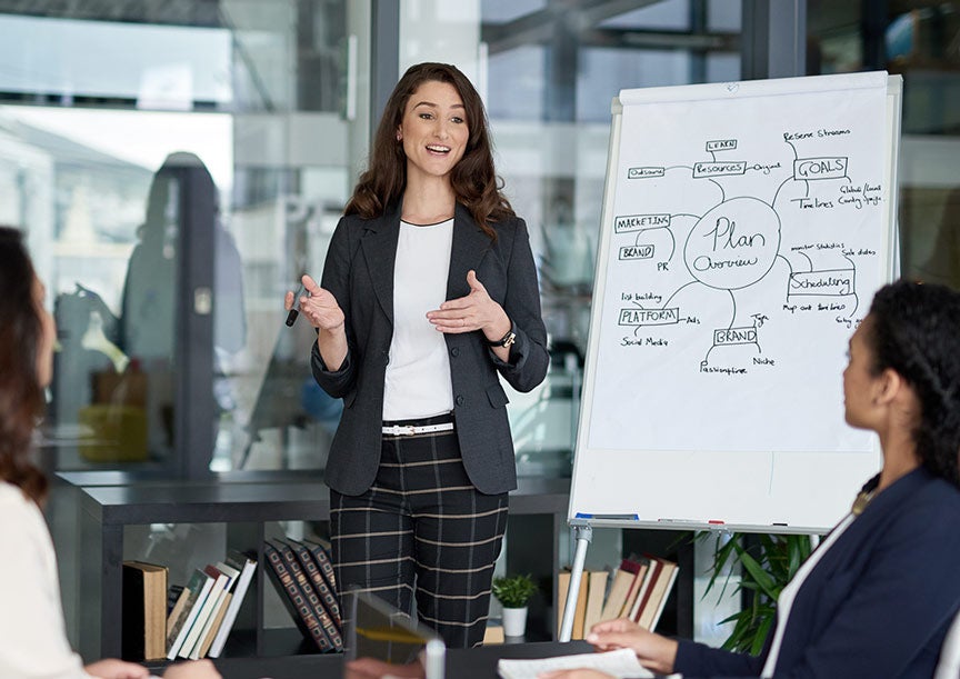 woman marketer presenting to a group of people at work