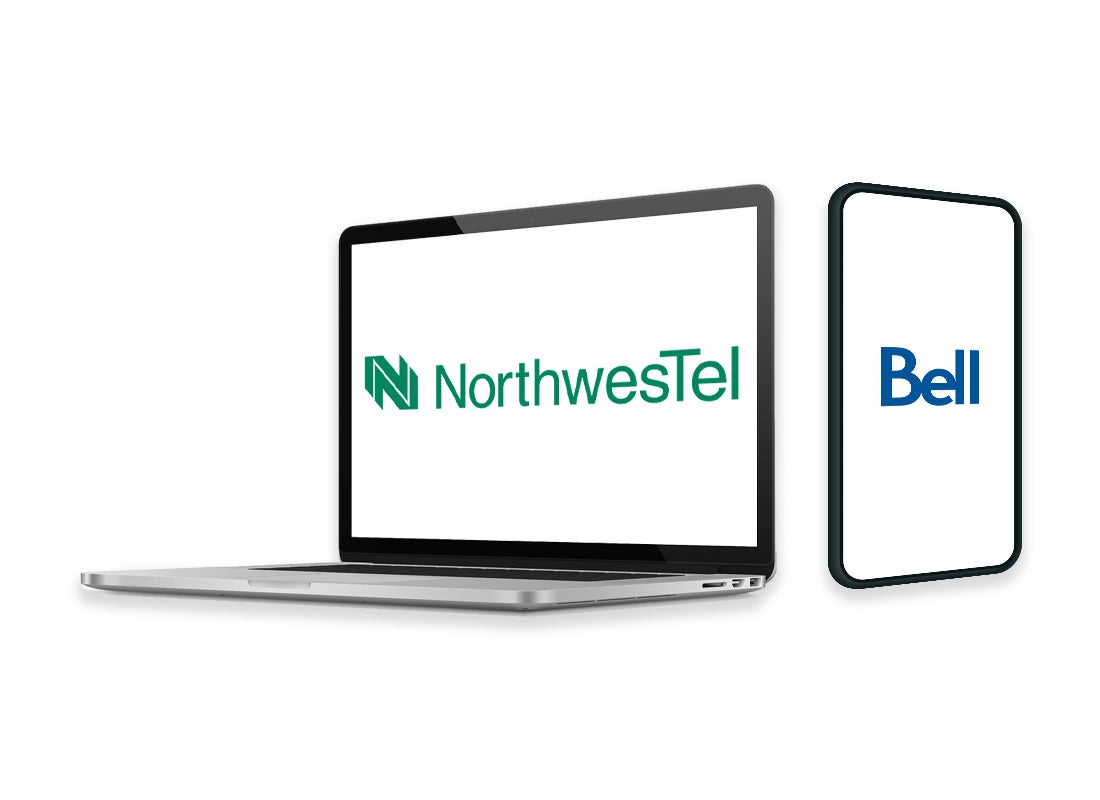 Decorative image of a laptop displaying Northwestel logo and a mobile device displaying the Bell logo