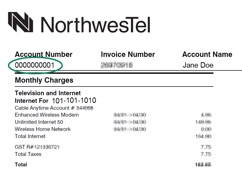 Northwestel account shown on an invoice image