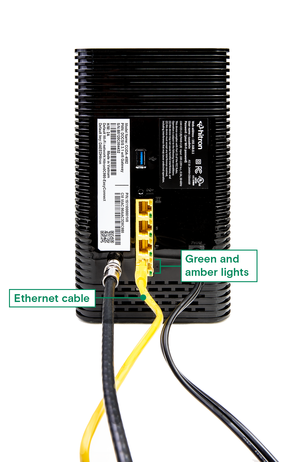 View of the back of modem showing the ethernet ports and adjacent green and amber lights 