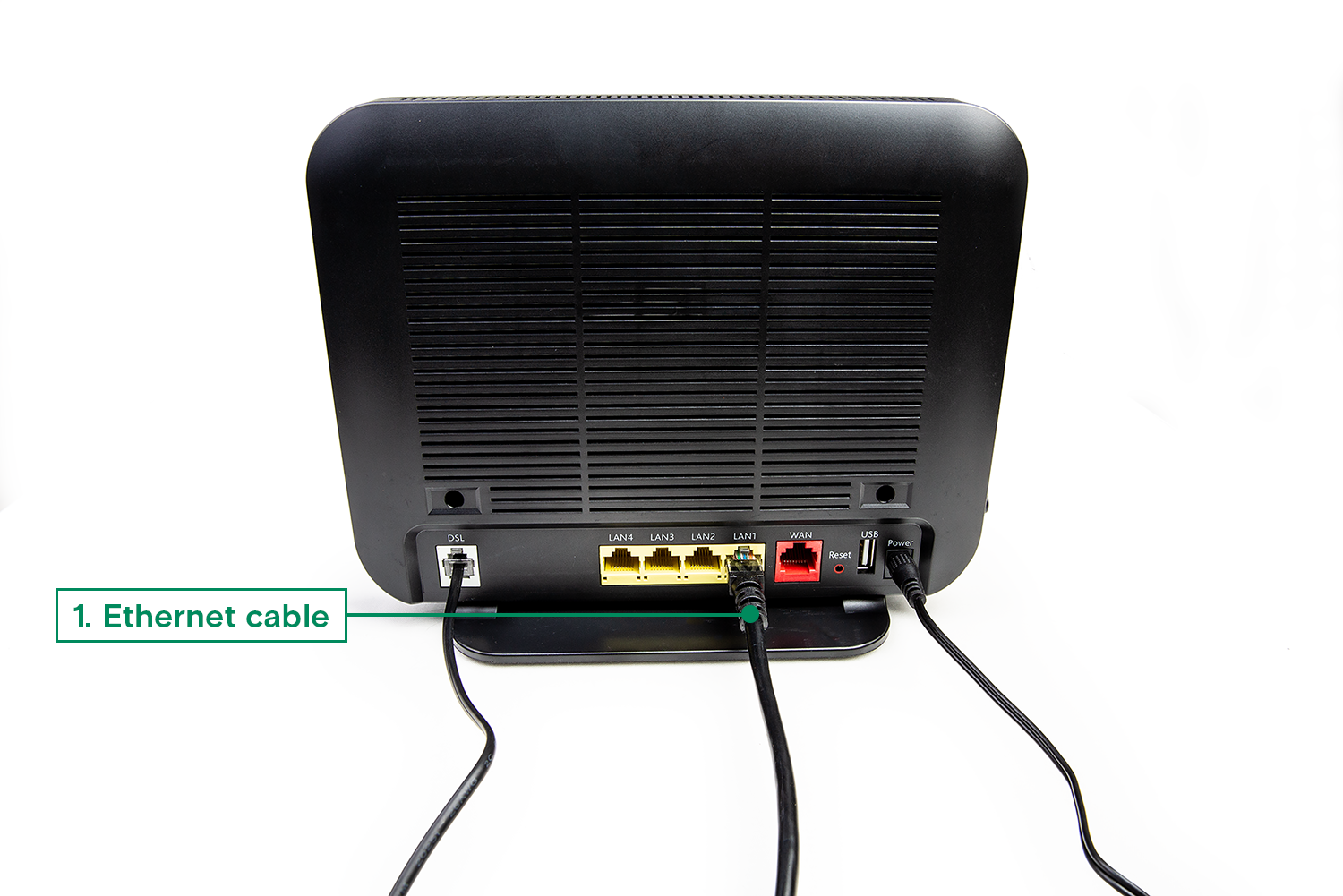 View of the back of SmartRG wireless modem. The ethernet cable plugged into the middle, right of the modem.