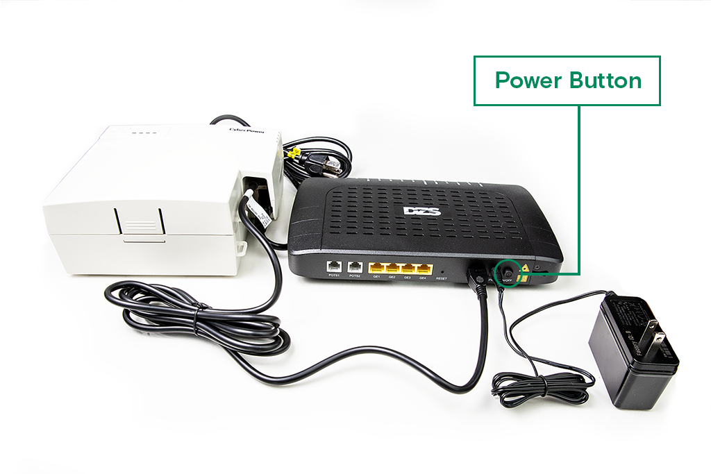 UPS device and modem pictured with power button on the right side of the modem circled