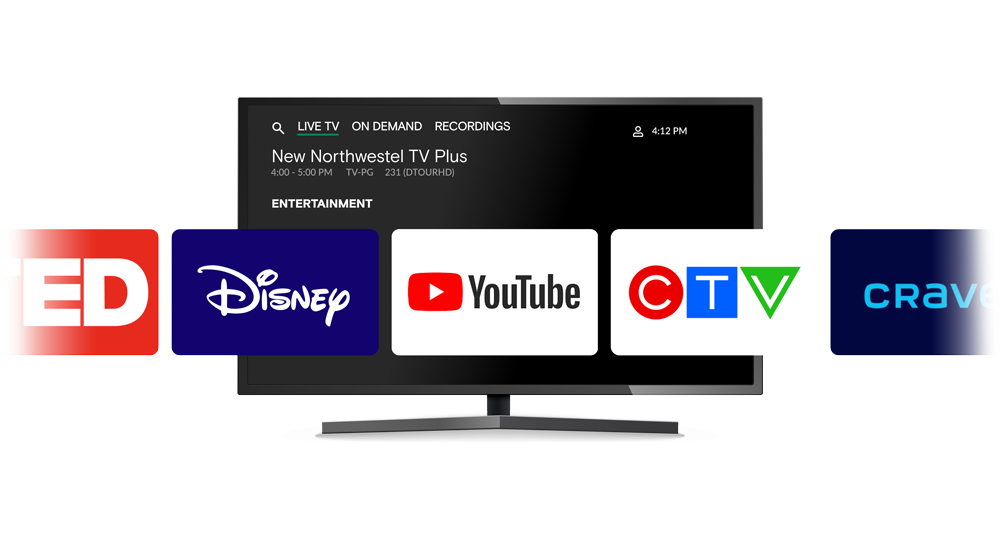 TV displaying multiple channels and apps promoting the whole new experience with TV Plus App and hardware