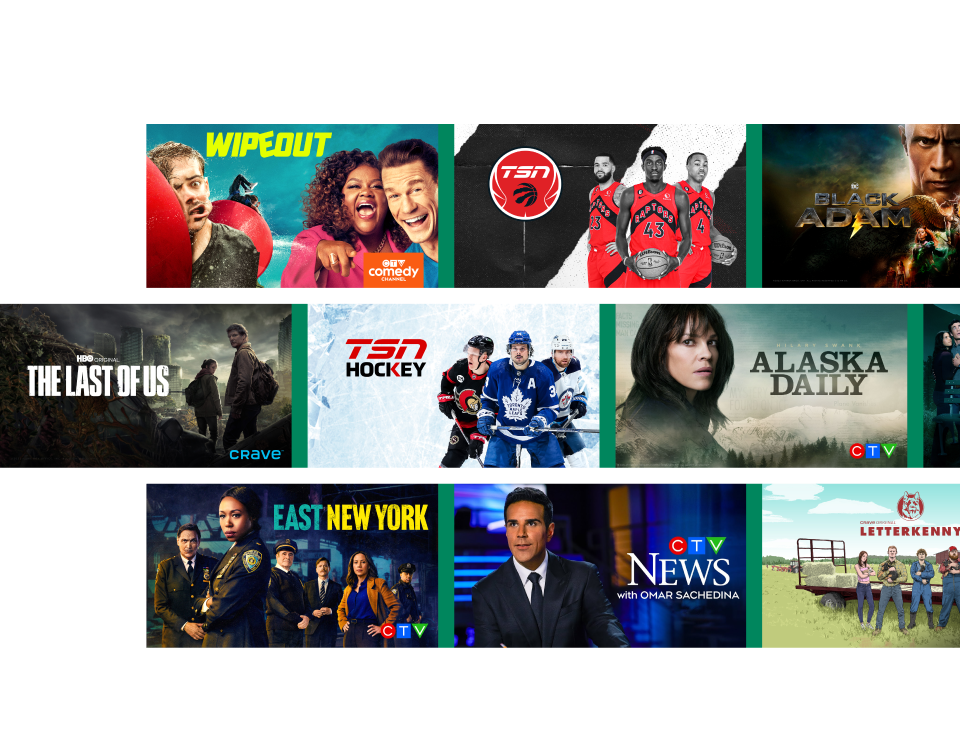 Decorative image demonstrating a variety of channels and themes found on the new TV plus app programming